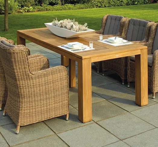 Outdoor patio dining table with wicker chairs on stone patio in backyard