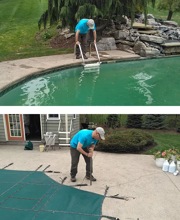 Pool technician cleaning a green backyard swimming pool and installing a green safety pool cover on a concrete deck.
