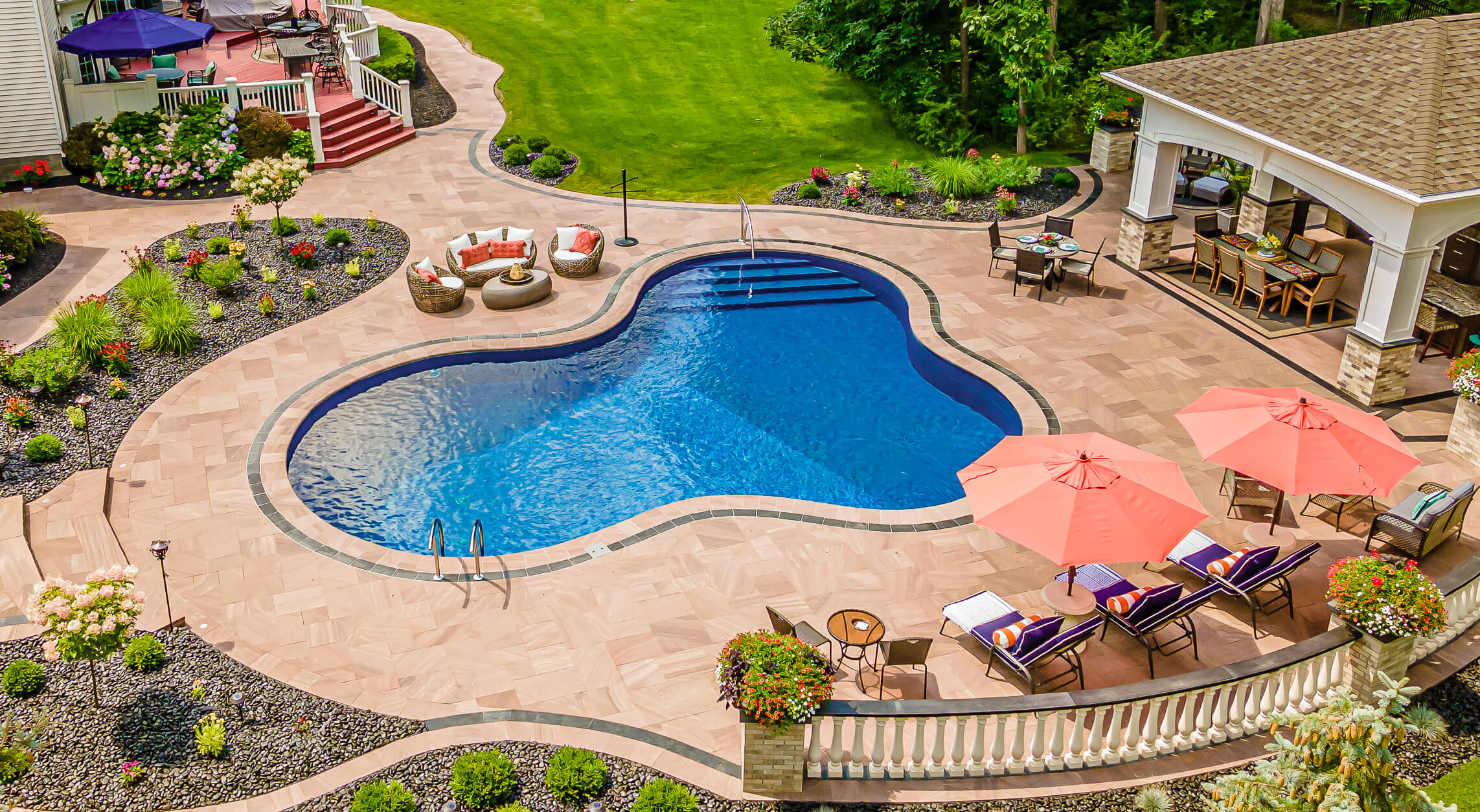 Freeform pool with outdoor seating